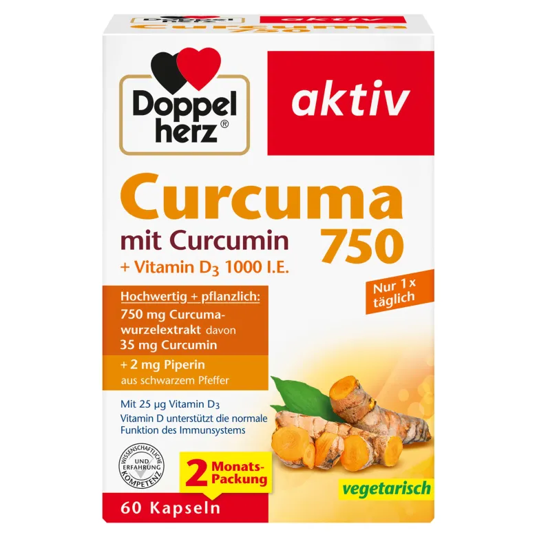 Doppelherz aktiv Curcuma 750 mit Curcumin + Vitamin D3, 60 St
