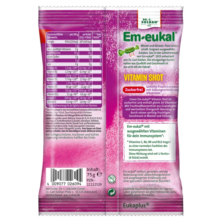 Em-eukal Bonbons ImmunStark Vitamin Shot gefüllt zuckerfrei, 75 g