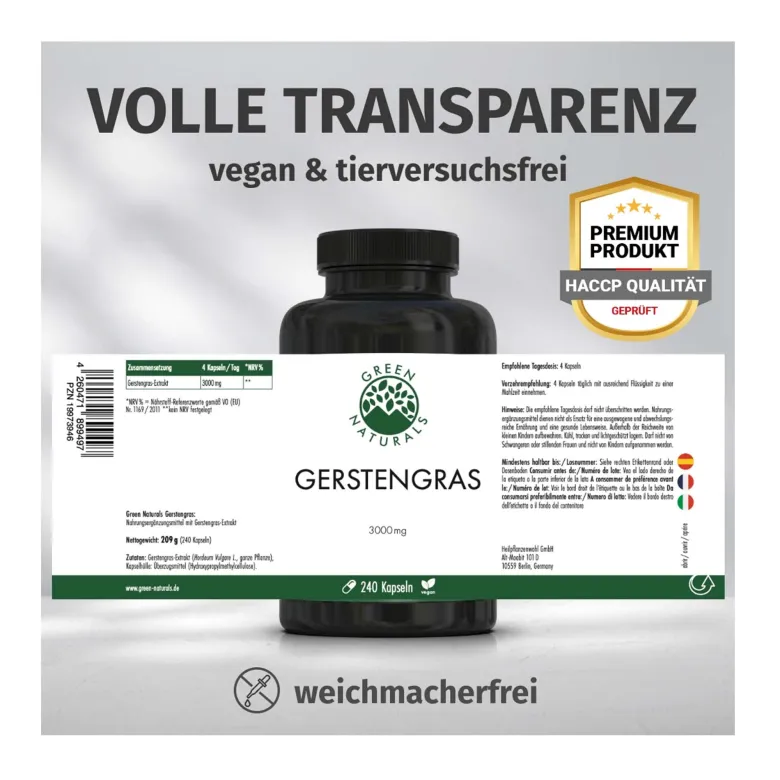 GREEN NATURALS Gerstengras 3000 mg Kapseln vegan, 240 St
