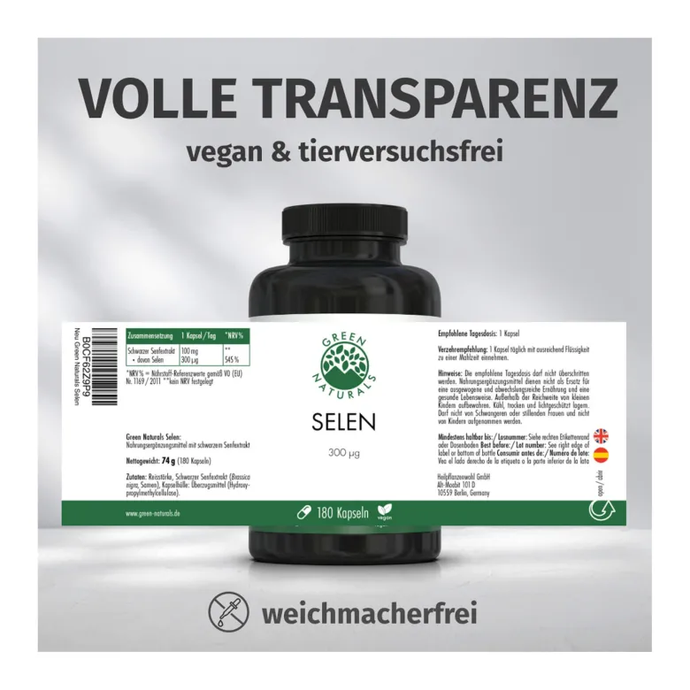 GREEN NATURALS Selen 300 µg rein pflanzlich vegane Kapseln, 180 St