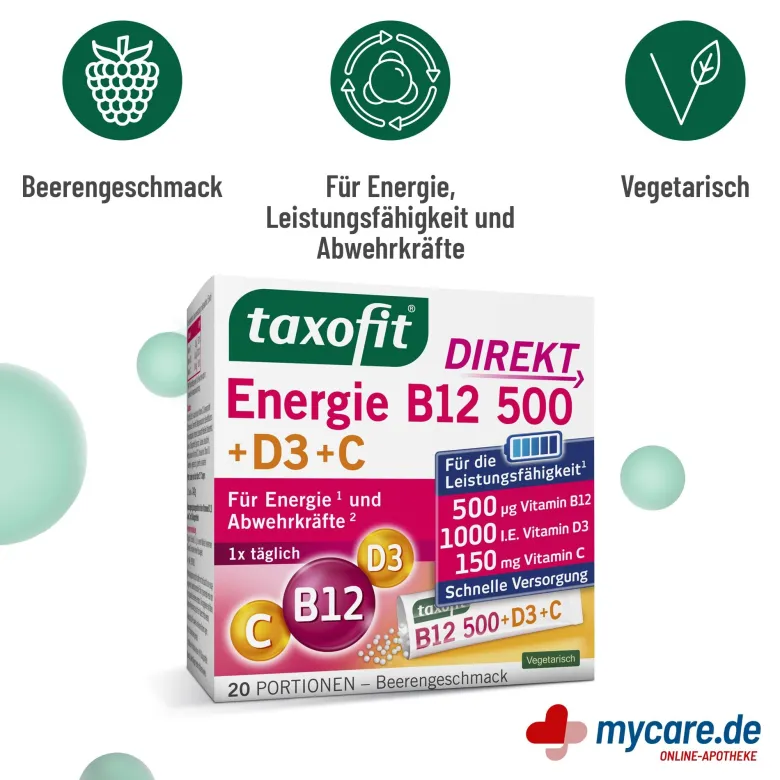 Taxofit Energie B12 500+D3+C Direkt, 20 St
