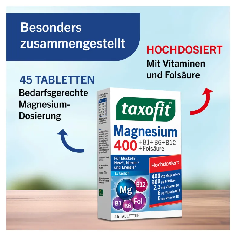 Taxofit Magnesium 400+B1+B6+B12+Folsäure Tabletten, 45 St