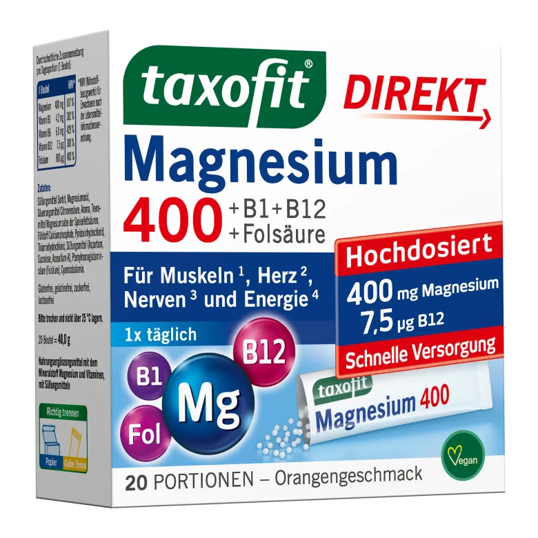 Taxofit Magnesium 400 + B1 + B6 + B12 + Folsäure Granulat, 20 St