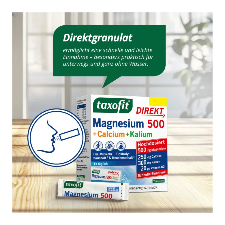 Taxofit Magnesium 500+Calcium+Kalium Direkt-Granulat, 20 St