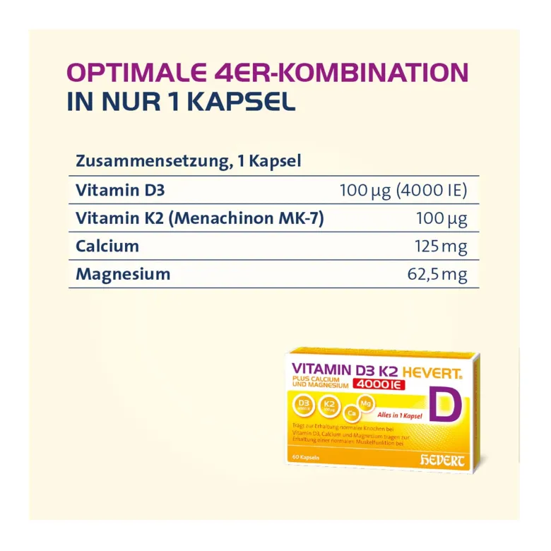 Vitamin D3 K2 Hevert+ Calcium und Magnesium 4000 IE Kapseln, 60 St